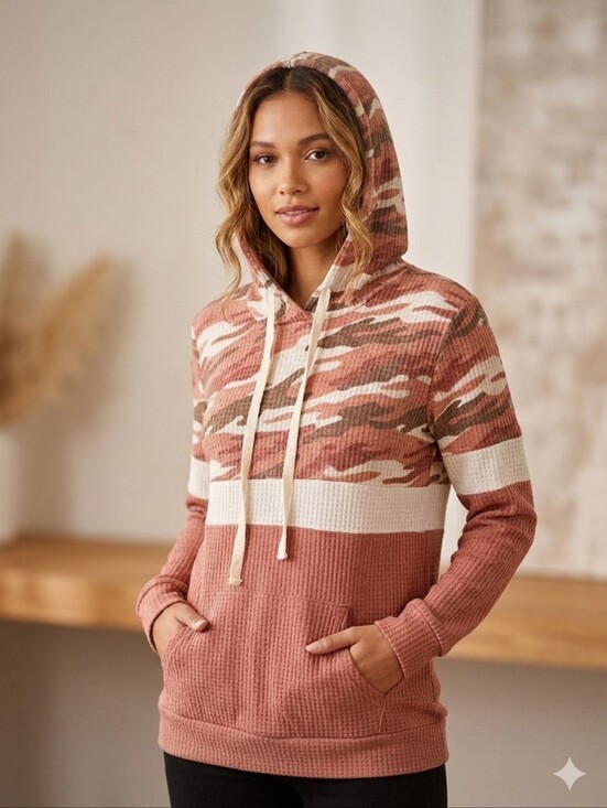 October Love Tops - Watermelon Pink Camo Hoodie Waffle Fabric